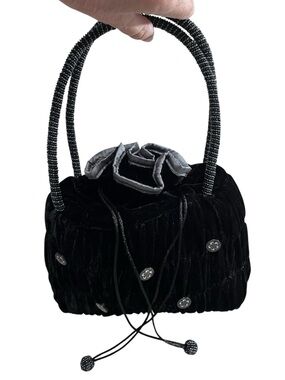Concubine Black Velvet Evening Bag Beaded Handles Floral Button Accents